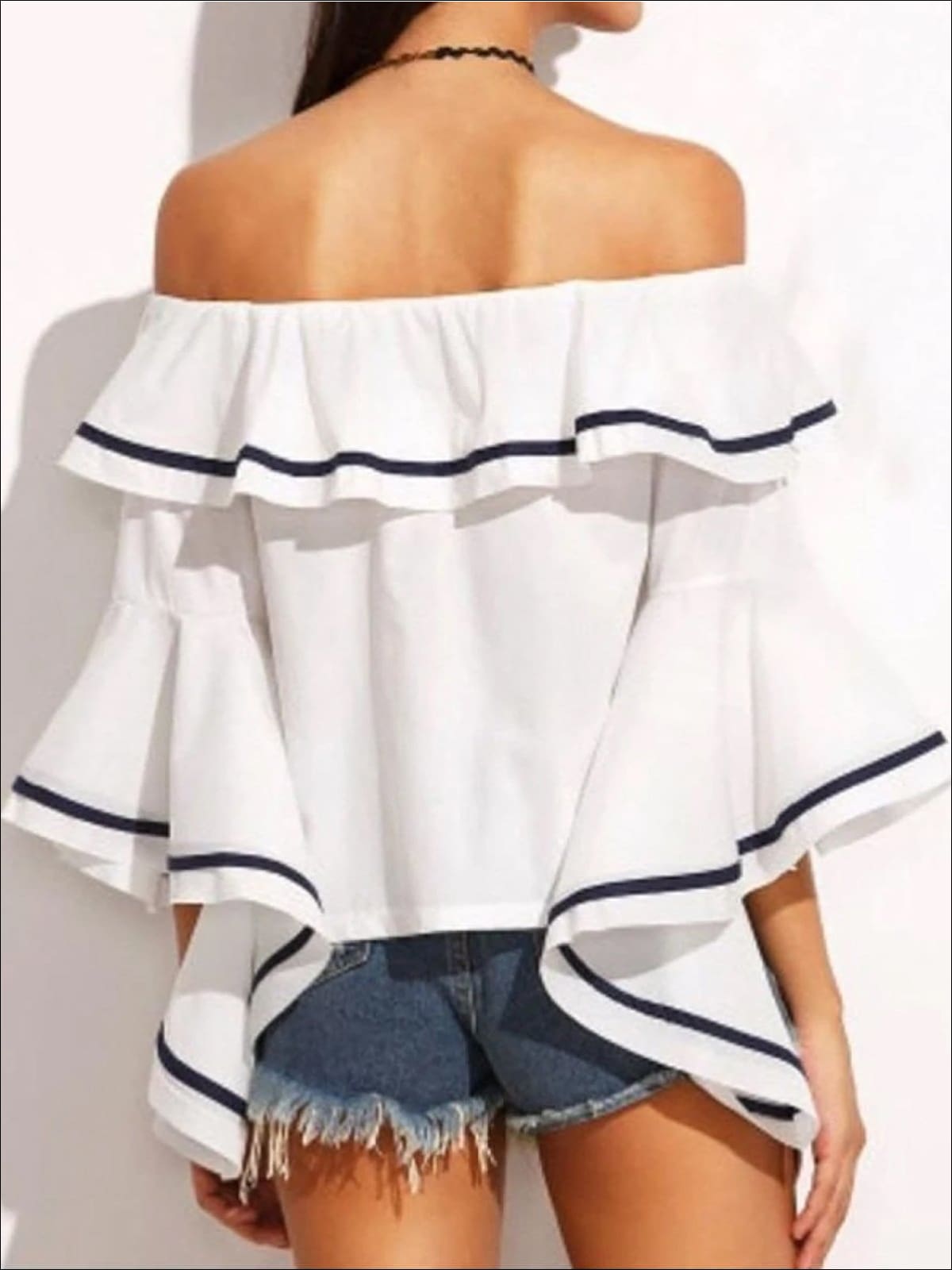 Womens Color-Block Trim Off Shoulder Ruffle Blouse - Womens Tops