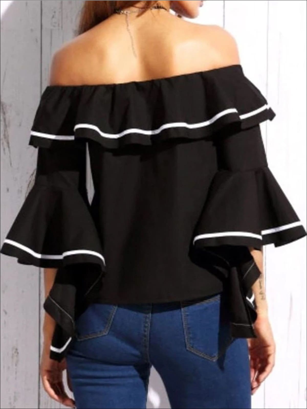 Womens Color-Block Trim Off Shoulder Ruffle Blouse - Womens Tops