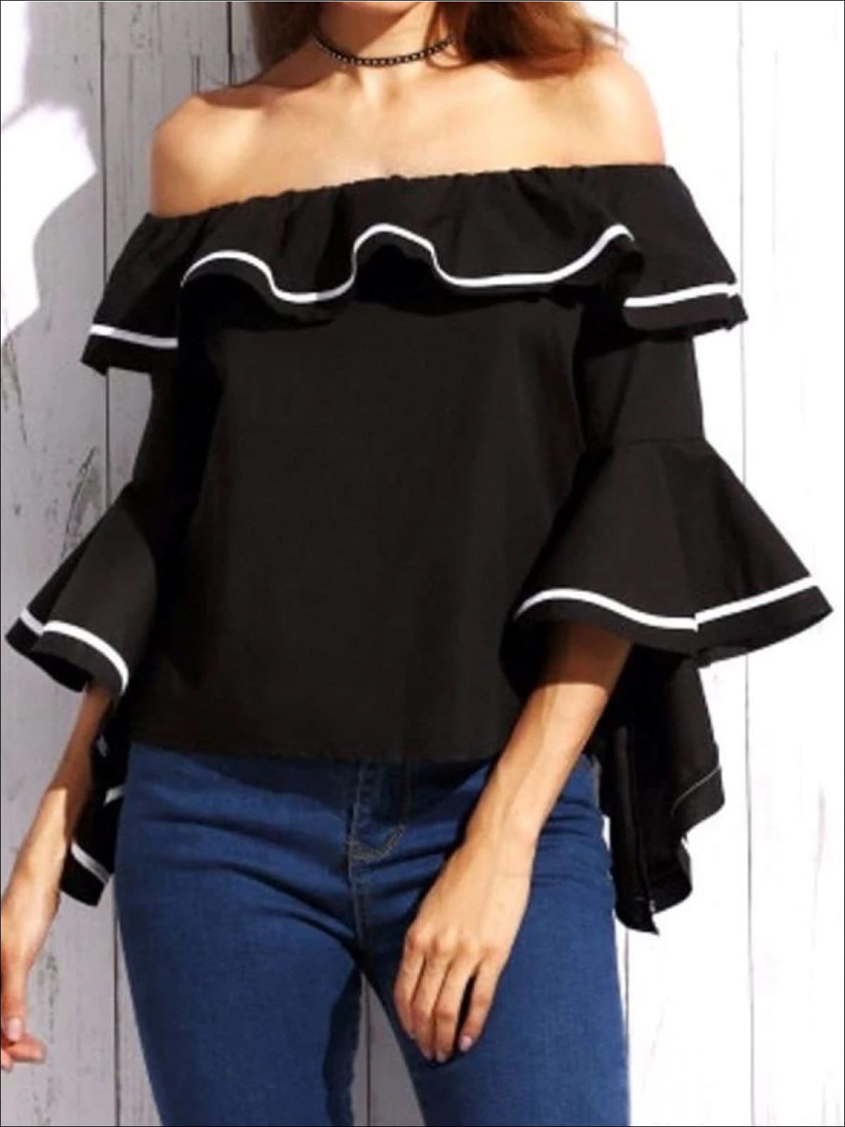 Womens Color-Block Trim Off Shoulder Ruffle Blouse - Black / S - Womens Tops