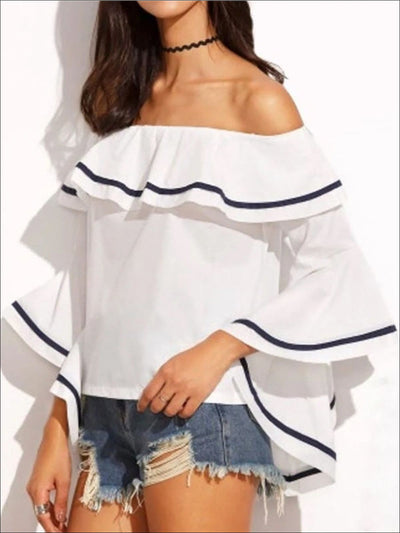 Womens Color-Block Trim Off Shoulder Ruffle Blouse - White / S - Womens Tops