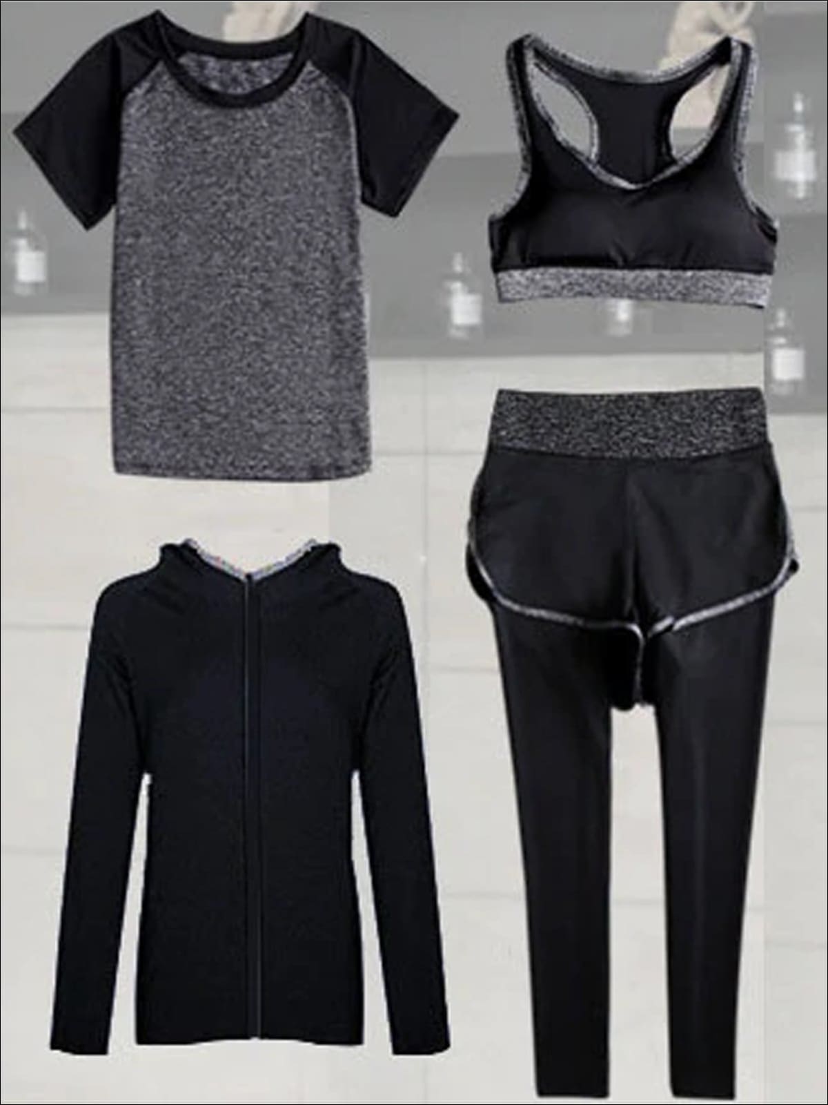 Womens Contrast Panel Quick Dry Activewear Set - Grey 4pc Set / S - Womens Activewear