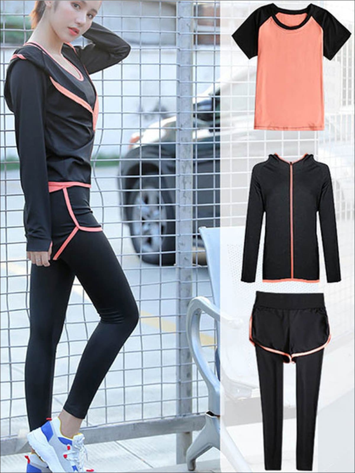 Womens Contrast Panel Quick Dry Activewear Set - Orange 3pc Set / S - Womens Activewear