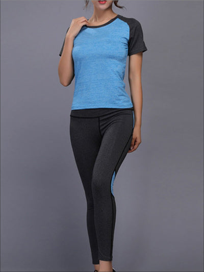 Womens Contrast Panel Workout Top & Leggings Set - Blue / S - Womens Activewear
