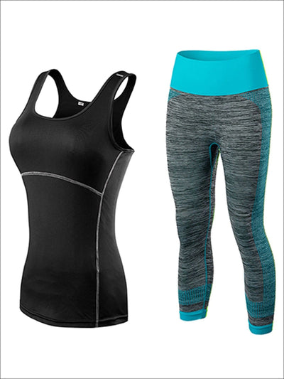 Womens Contrast Stitch Racerback Marled Capri Leggings Set - Black/Blue / S - Womens Activewear