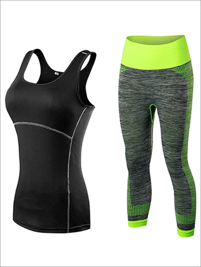 Womens Contrast Stitch Racerback Marled Capri Leggings Set - Black/Green / S - Womens Activewear