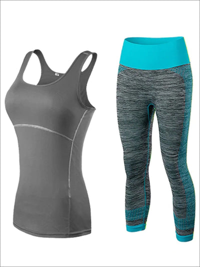 Womens Contrast Stitch Racerback Marled Capri Leggings Set - Blue/Grey / S - Womens Activewear