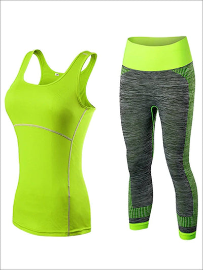 Womens Contrast Stitch Racerback Marled Capri Leggings Set - Green / S - Womens Activewear