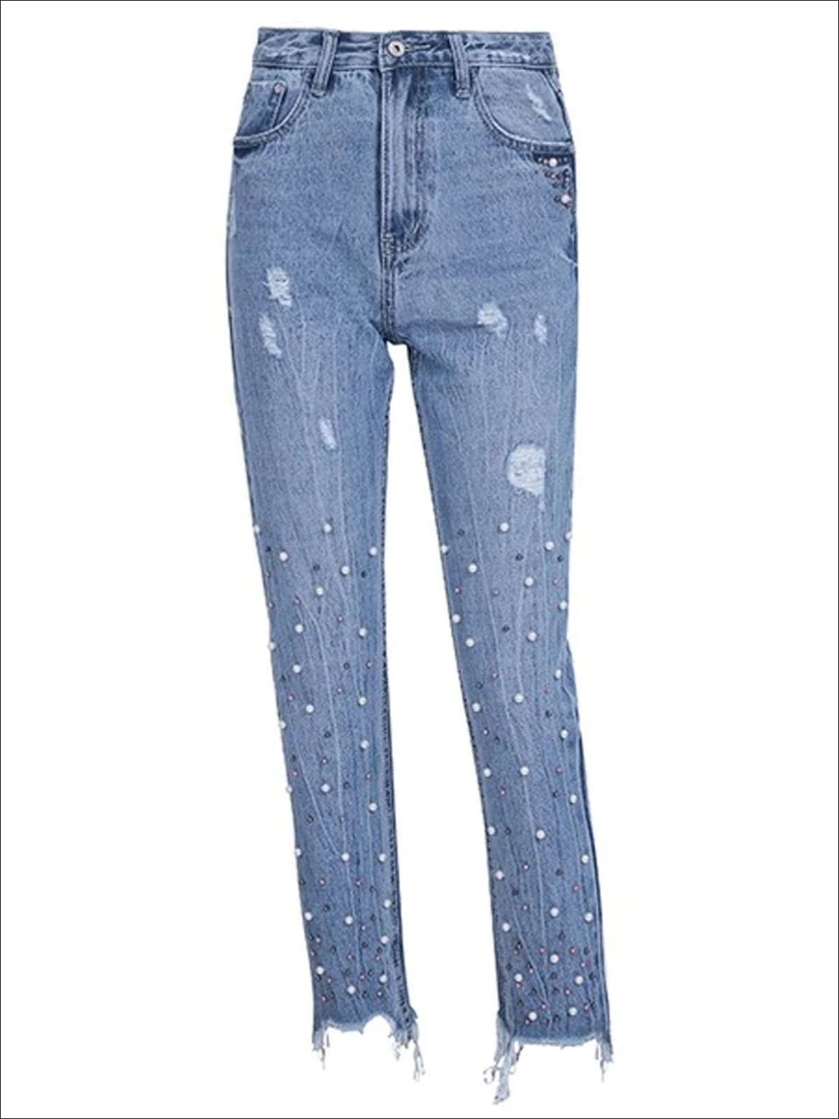 Womens Cropped Hem Pearl Embellished Ripped Jeans - Womens Bottoms