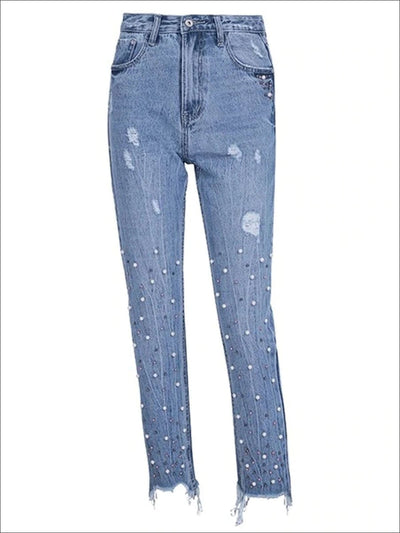 Womens Cropped Hem Pearl Embellished Ripped Jeans - Womens Bottoms