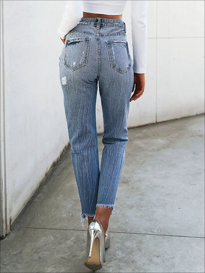 Womens Cropped Hem Pearl Embellished Ripped Jeans - Womens Bottoms