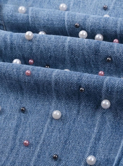 Womens Cropped Hem Pearl Embellished Ripped Jeans - Womens Bottoms