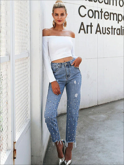 Womens Cropped Hem Pearl Embellished Ripped Jeans - Womens Bottoms