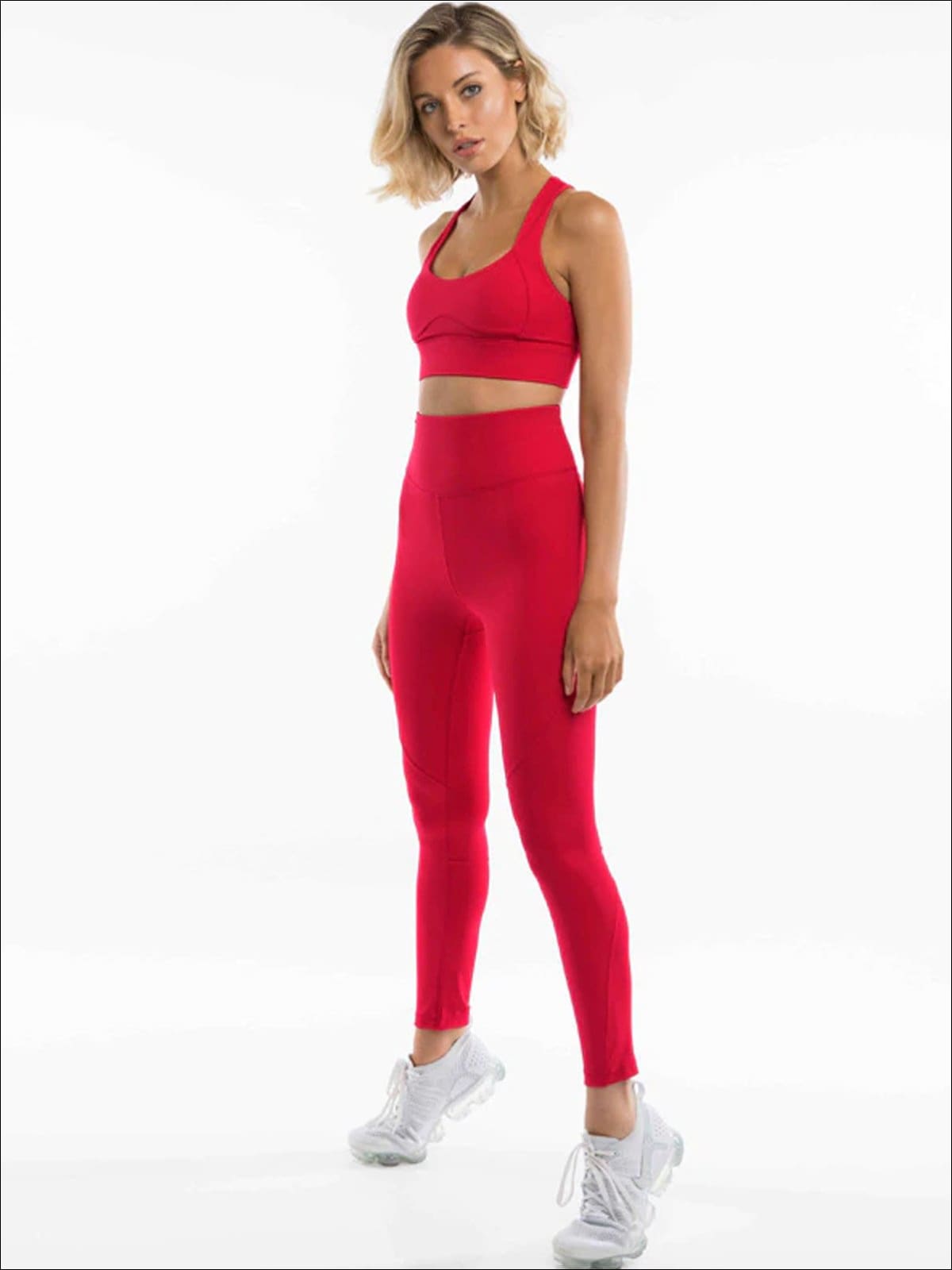 Womens Cut-Out Back Detail Sports Bra & High-Rise Leggings Set - Red / S - Womens Activewear