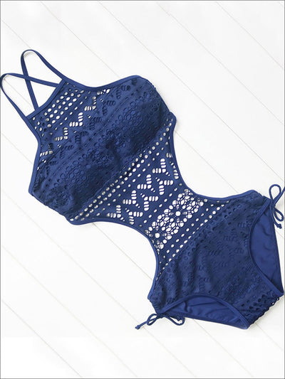 Womens Cut Out Halter Strap One Piece Swimsuit - Blue / S - Womens Swimsuit