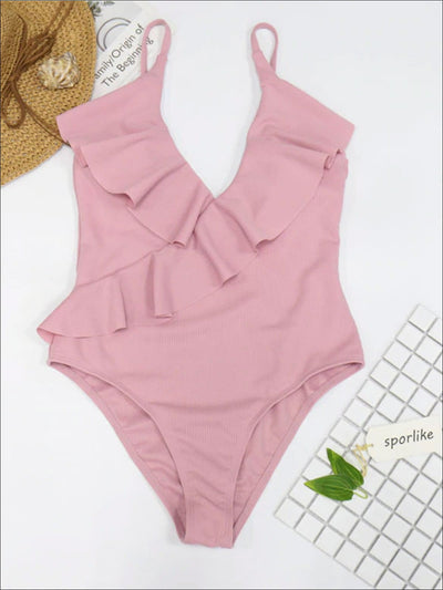 Womens Deep V-Neck Ruffled One Piece Swimsuit - Pink / S - Womens Swimsuit