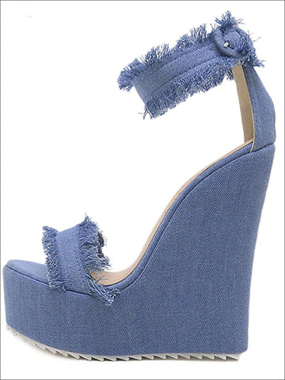Womens Denim Frayed High Heel Wedges - Womens Sandals
