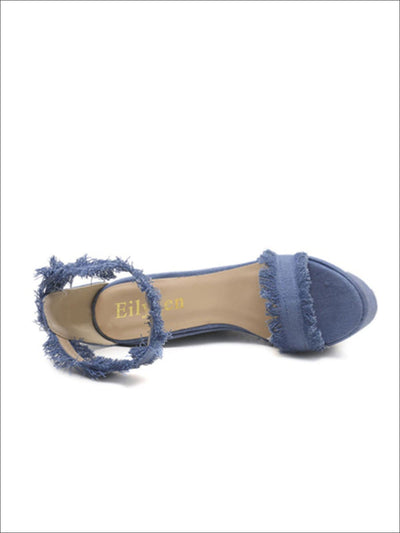 Womens Denim Frayed High Heel Wedges - Womens Sandals