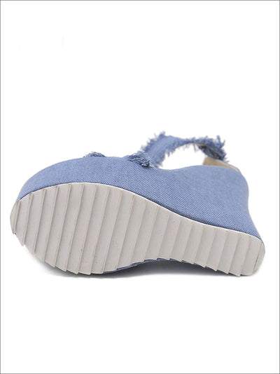 Womens Denim Frayed High Heel Wedges - Womens Sandals