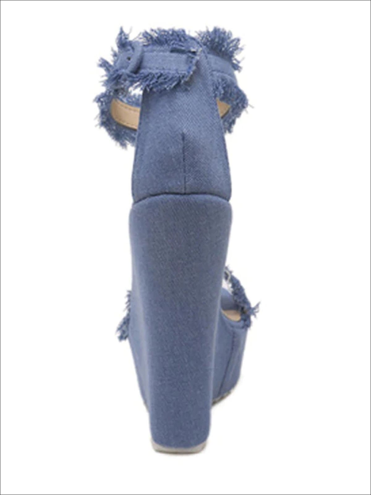 Womens Denim Frayed High Heel Wedges - Womens Sandals