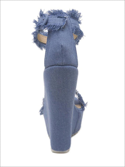 Womens Denim Frayed High Heel Wedges - Womens Sandals