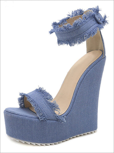Womens Denim Frayed High Heel Wedges - Blue / 4 - Womens Sandals