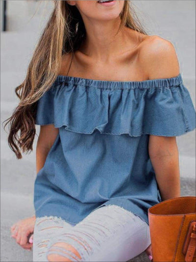 Womens Denim Off The Shoulder Ruffle Sleeve Blouse - Womens Tops