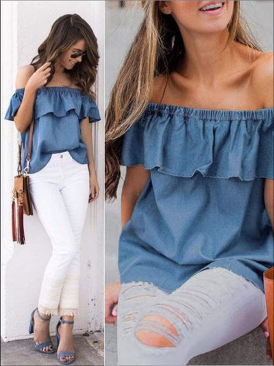 Womens Denim Off The Shoulder Ruffle Sleeve Blouse - Womens Tops