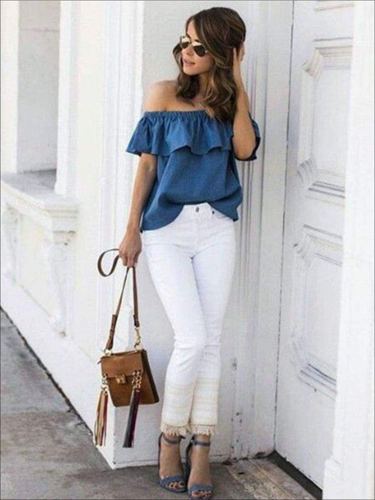Womens Denim Off The Shoulder Ruffle Sleeve Blouse - Womens Tops