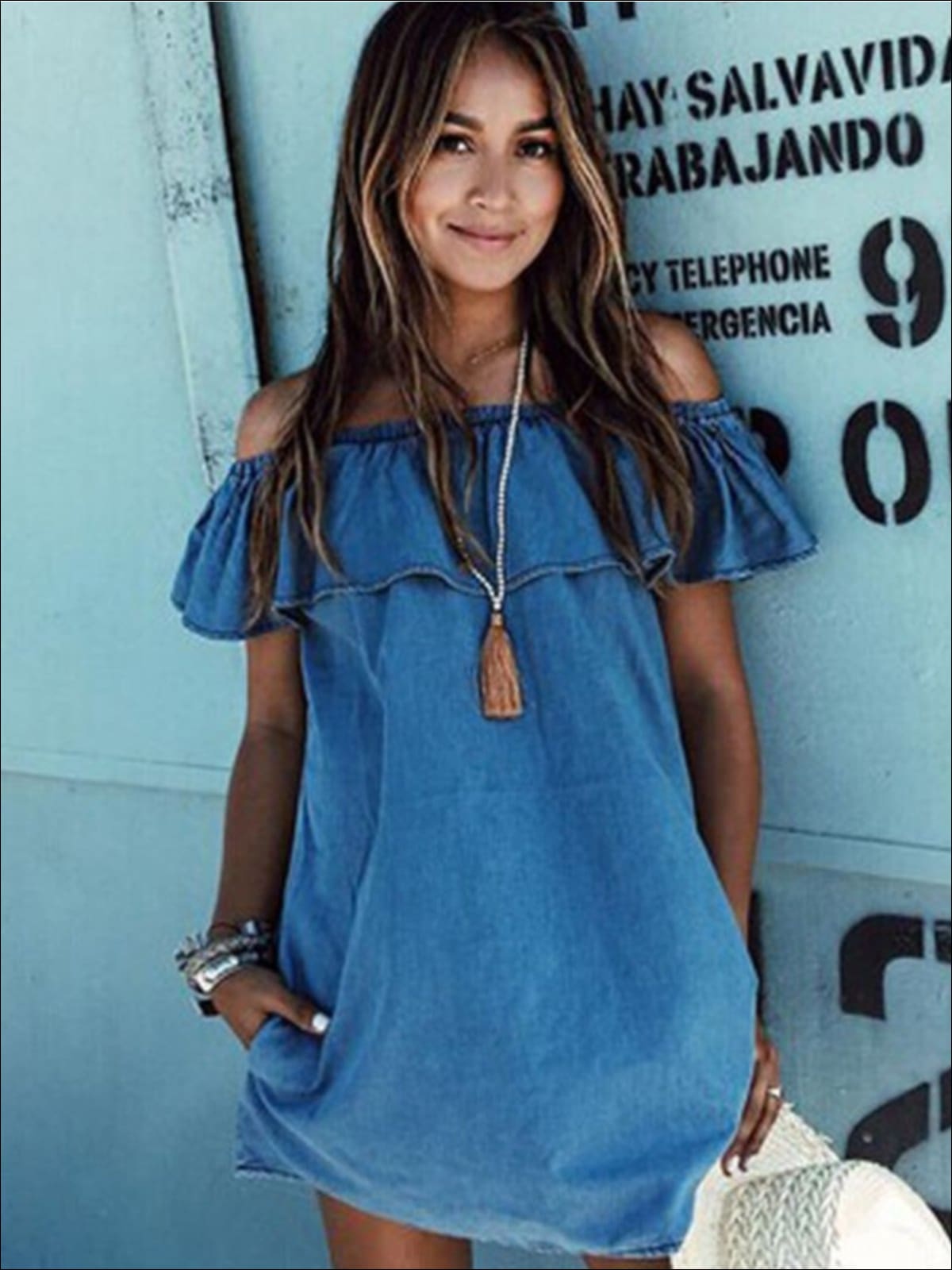 Womens Denim Ruffle Shoulder Tunic Dress - Womens Dresses