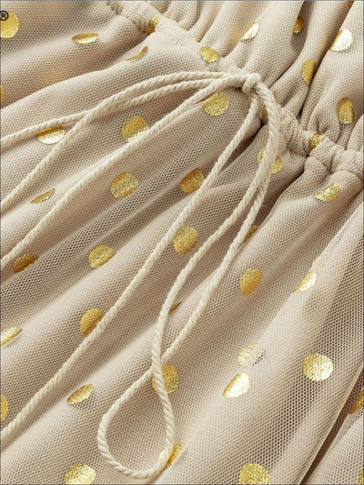 Womens Dotted Flare Sleeve Drawstring Mesh Wrap Dress - Womens Dresses