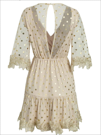 Womens Dotted Flare Sleeve Drawstring Mesh Wrap Dress - Womens Dresses