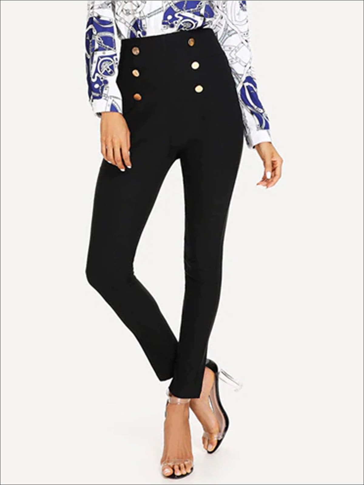 Womens Double Button High Waist Embellished Pants - Black / XS - Womens Bottoms