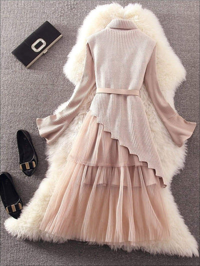 Womens Elegant Pleated Mesh Belted Sweater Dress - Womens Fall Dresses