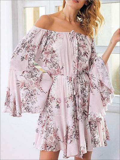 Womens Embroidered Flare Sleeve Off The Shoulder Dress - Womens Dresses