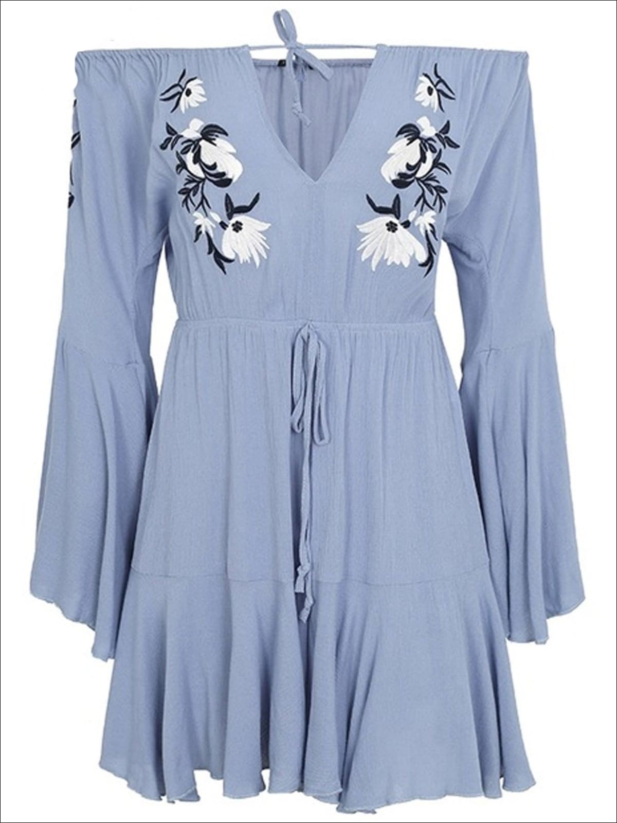 Womens Embroidered Flare Sleeve Off The Shoulder Dress - Blue / S - Womens Dresses