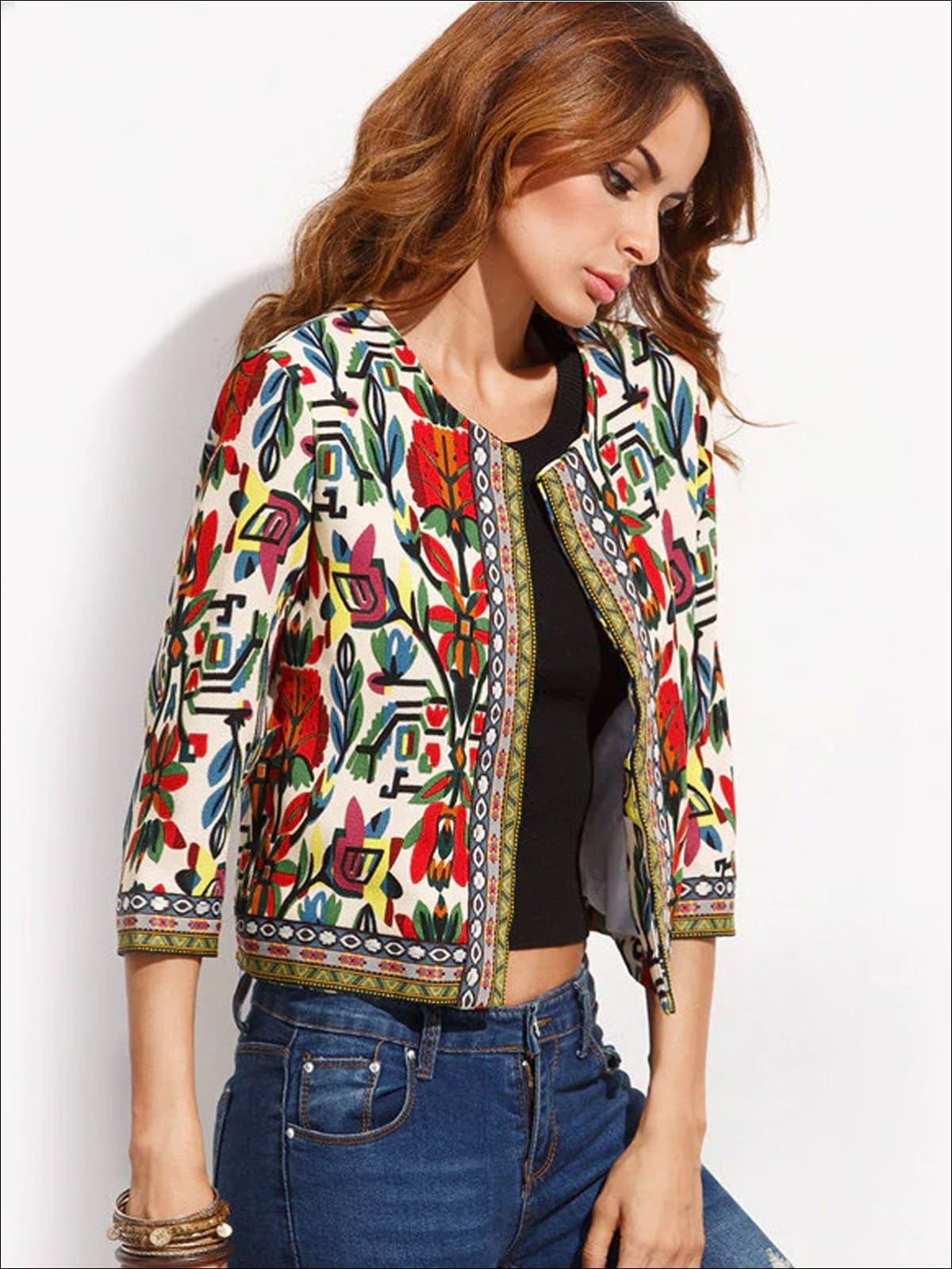 Womens Embroidered Tribal Print Jacket - Womens Fall Outerwear