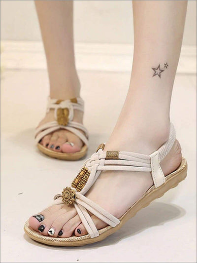Womens Ethnic Applique Bohemian Sandals - Beige / 5 - Womens Sandals
