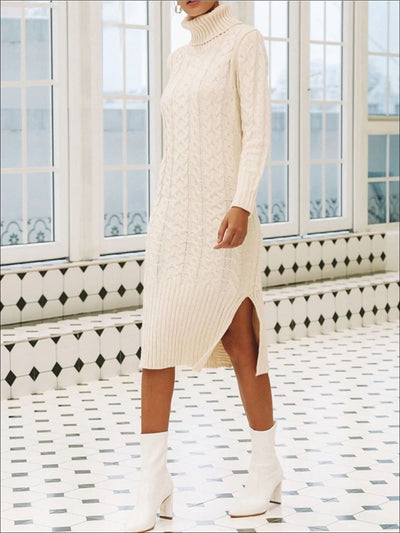 Womens Fall Cable Knit Turtleneck Sweater Dress - Womens Fall Dresses