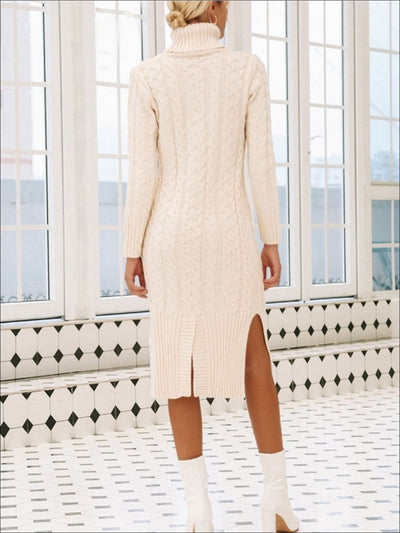 Womens Fall Cable Knit Turtleneck Sweater Dress - Womens Fall Dresses