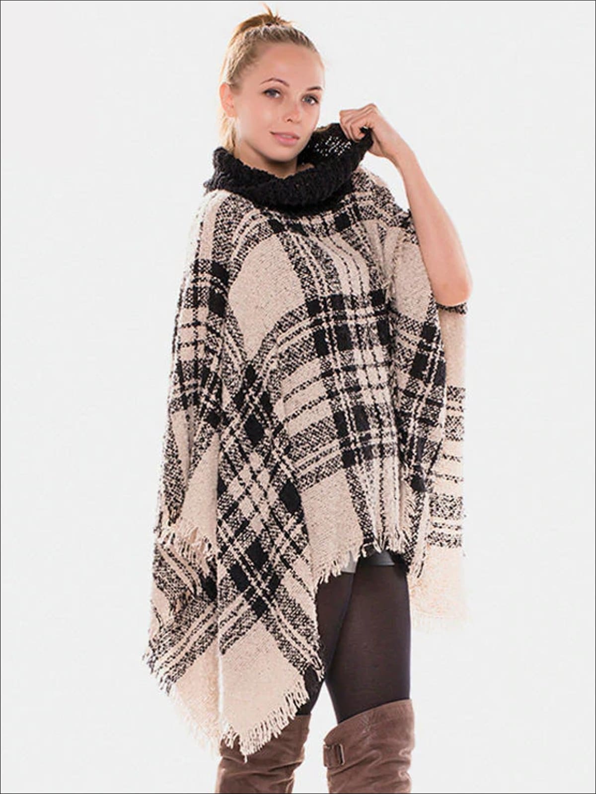 Womens Fall Casual Plaid Turtleneck Poncho - Womens Fall Outerwear