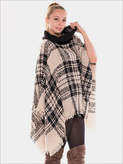 Womens Fall Casual Plaid Turtleneck Poncho - Womens Fall Outerwear