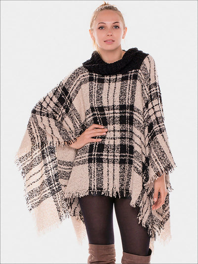 Womens Fall Casual Plaid Turtleneck Poncho - Beige / One - Womens Fall Outerwear