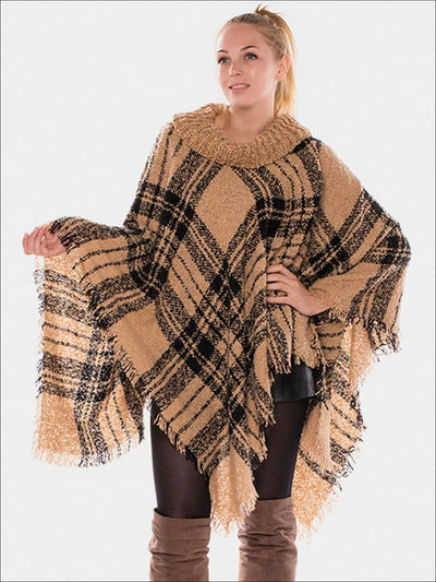 Womens Fall Casual Plaid Turtleneck Poncho - Khaki / One - Womens Fall Outerwear