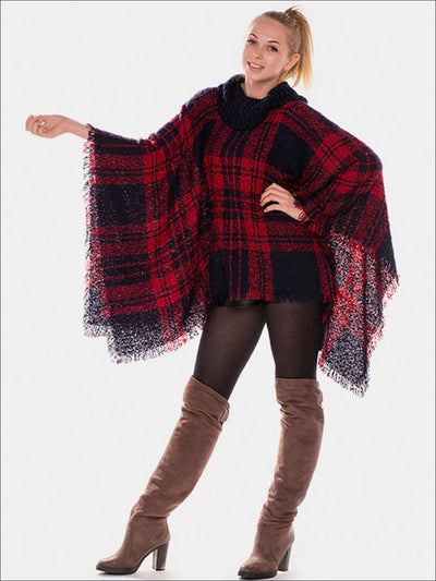 Womens Fall Casual Plaid Turtleneck Poncho - Red / One - Womens Fall Outerwear