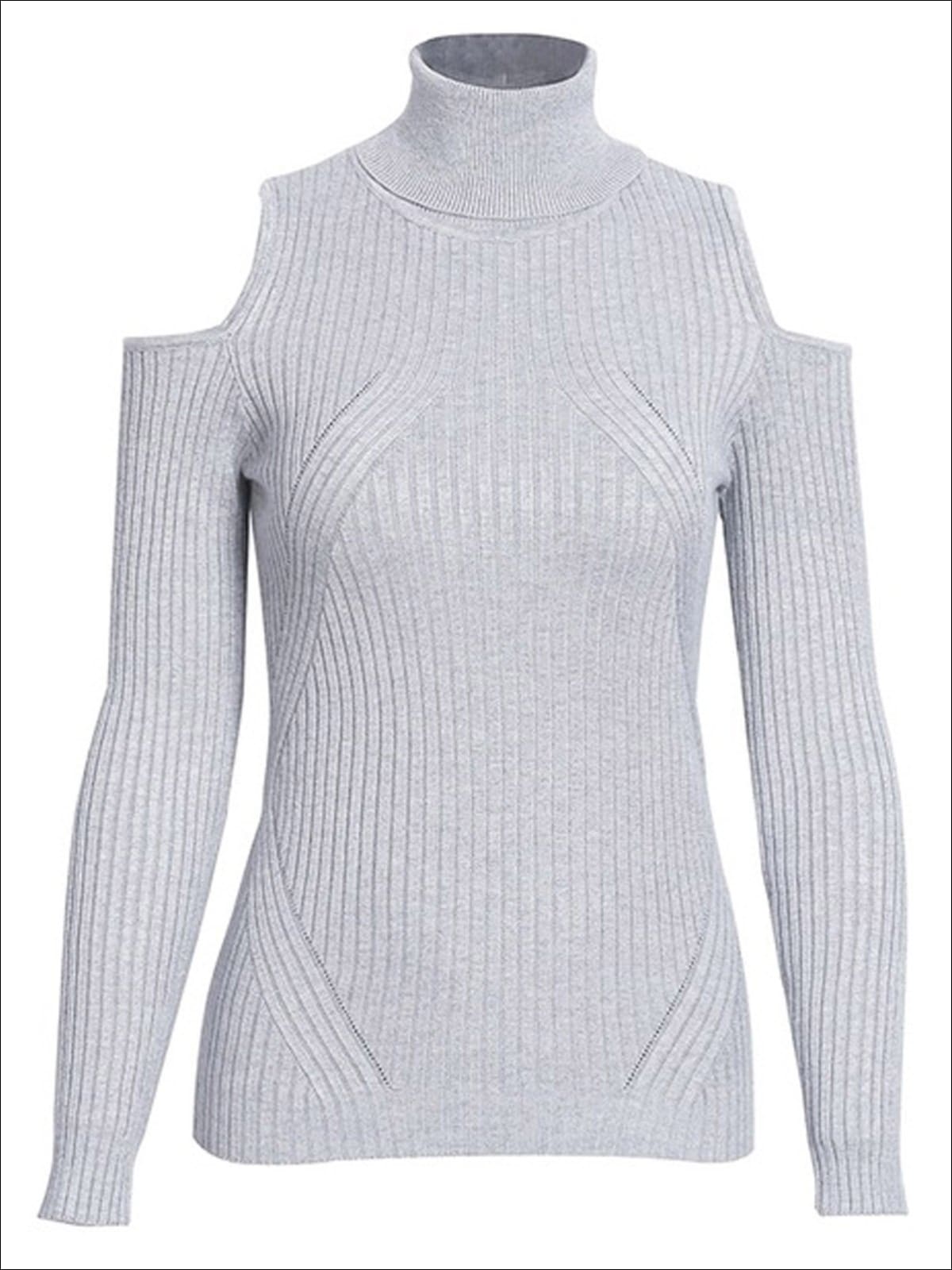 Womens Fall Cozy Knitted Cold Shoulder Sweater - Grey / S/M - Womens Fall Sweaters