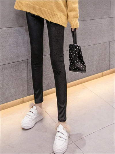 Womens Fall High Waist Velvet Casual Leggings - Black / S - Womens Bottoms