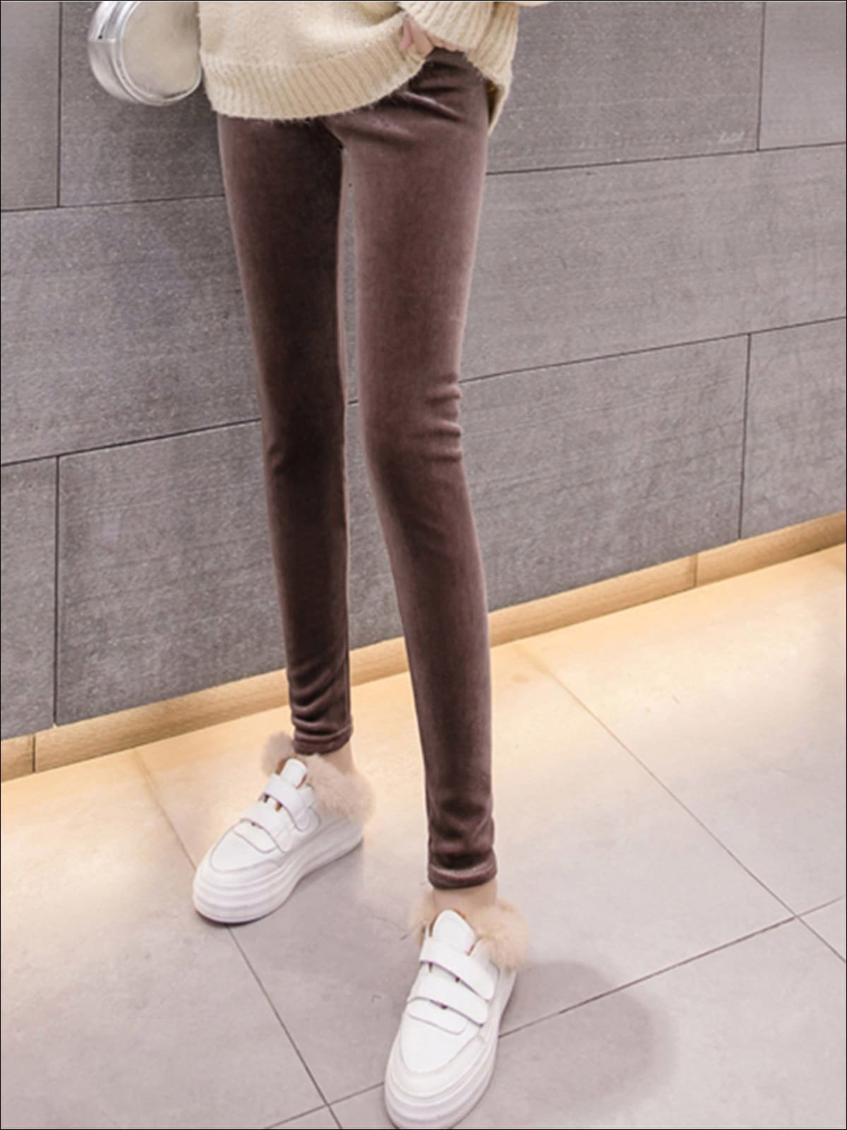Womens Fall High Waist Velvet Casual Leggings - Brown / S - Womens Bottoms