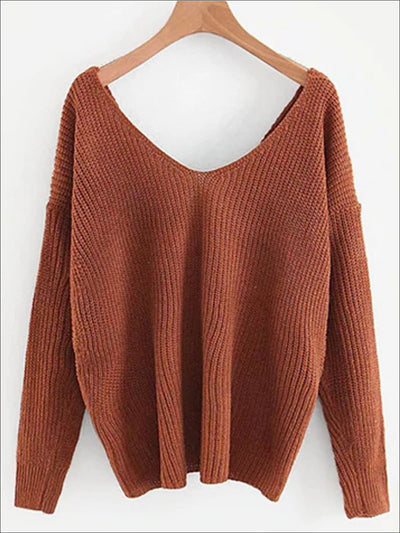 Womens Fall Knit Casual V-Neck Sweater - Brown / One Size - Womens Fall Sweaters