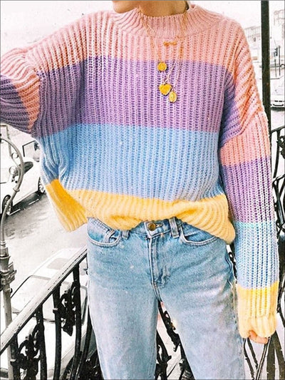 Womens Fall Knit Colorful Striped Sweater - Womens Fall Sweaters