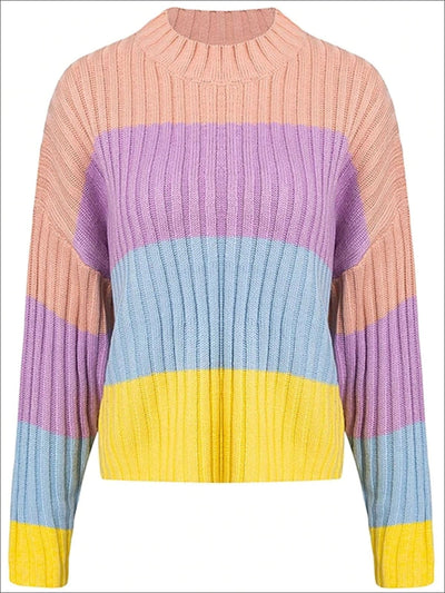 Womens Fall Knit Colorful Striped Sweater - Multicolor Stripe / One Size - Womens Fall Sweaters